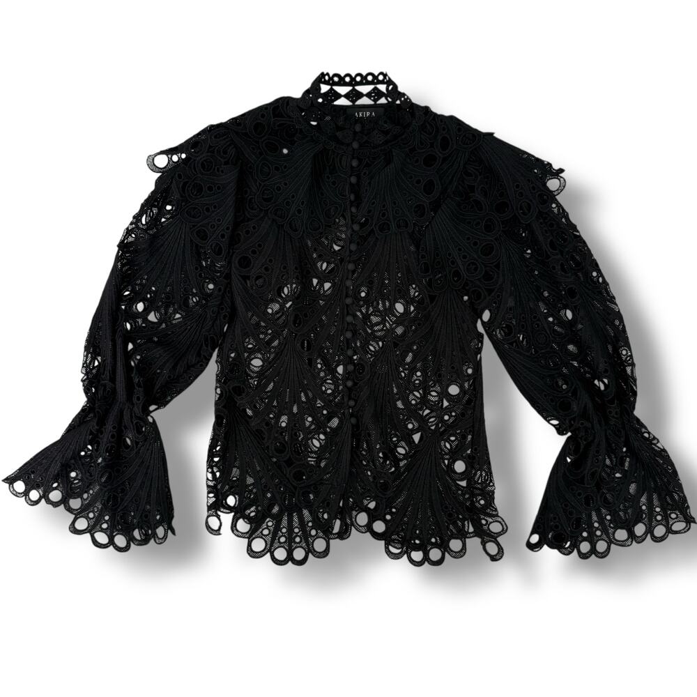 Akira Sheer Eyelet Cutout Shirt High Collar Bell Sleeve Womens Sz Medium Black